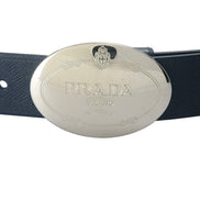 Prada Mens Navy Saffiano Leather Belt  Silver Oval Buckle Belt Size 90/36 available at Queen Bee of Beverly Hills