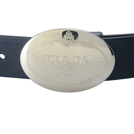 Prada Mens Navy Saffiano Leather Belt  Silver Oval Buckle Belt Size 90/36 available at Queen Bee of Beverly Hills