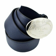 Prada Mens Navy Saffiano Leather Belt  Silver Oval Buckle Belt Size 90/36 available at Queen Bee of Beverly Hills