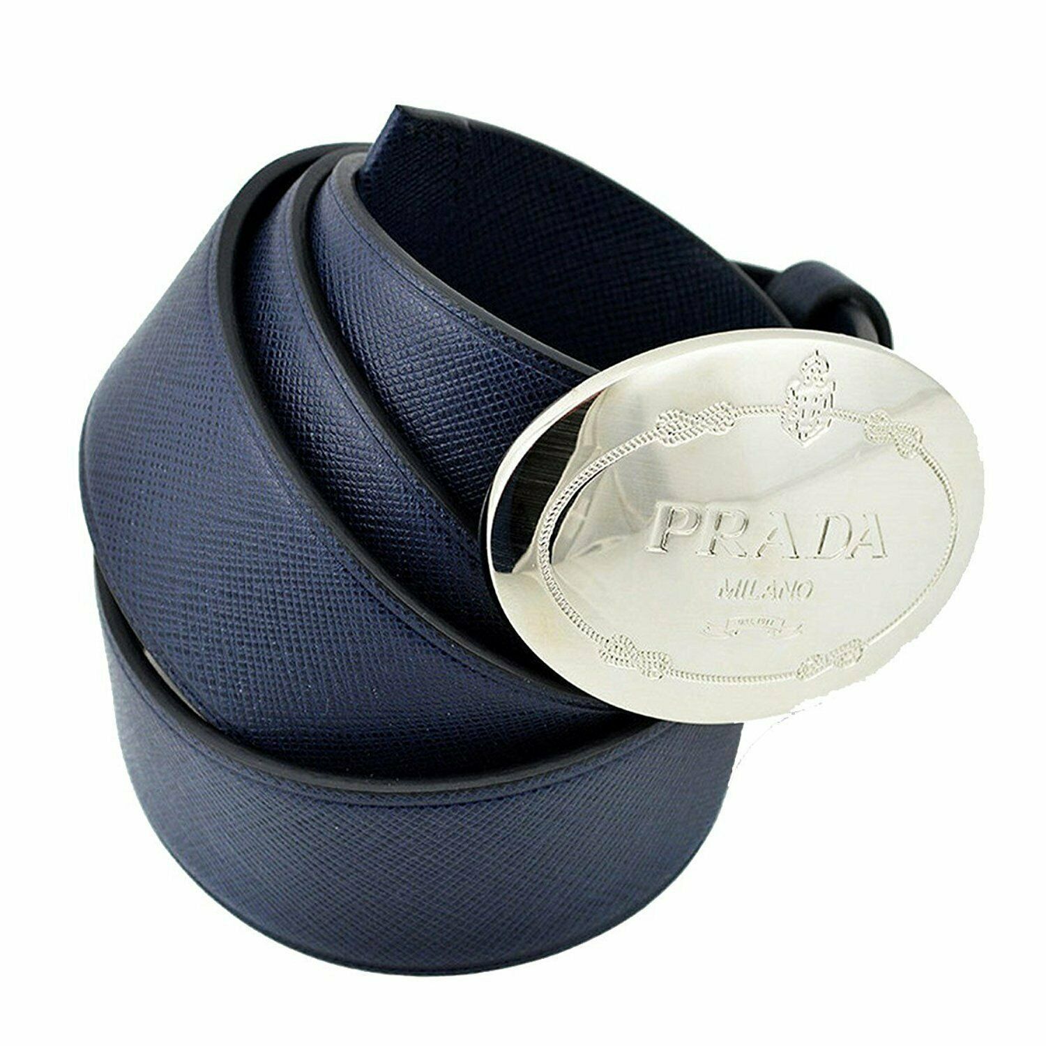Prada Mens Navy Saffiano Leather Belt  Silver Oval Buckle Belt Size 90/36 available at Queen Bee of Beverly Hills