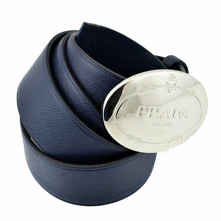 Prada Mens Navy Saffiano Leather Belt  Silver Oval Buckle Belt Size 90/36 available at Queen Bee of Beverly Hills