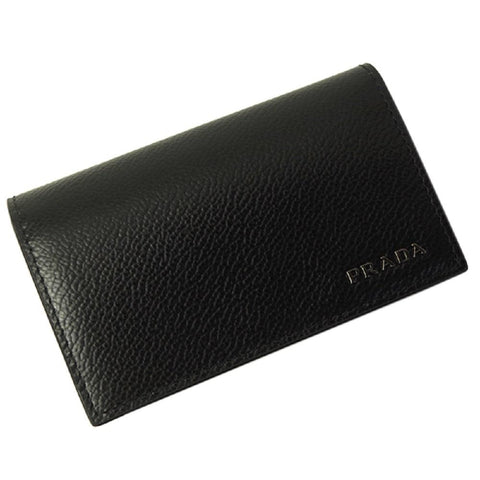 Prada Mens Vitello Micro Grain Flap Card Holder Wallet Black and Navy 2MC122
