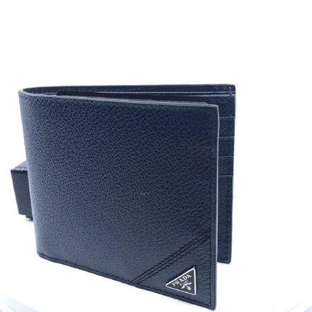 Prada Mens Vitello Micro Grain Navy Blue Leather Triangle Logo Bifold Wallet available at Queen Bee of Beverly Hills