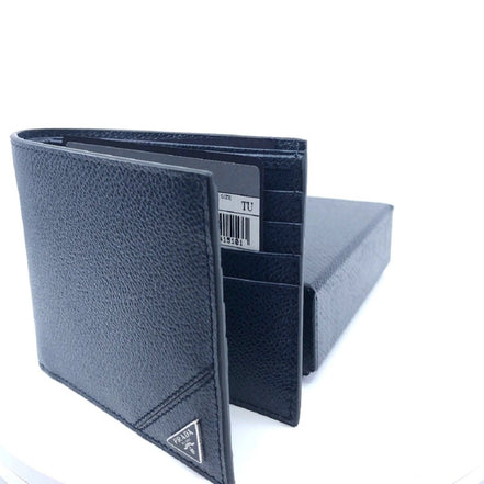 Prada Mens Vitello Micro Grain Navy Blue Leather Triangle Logo Bifold Wallet available at Queen Bee of Beverly Hills