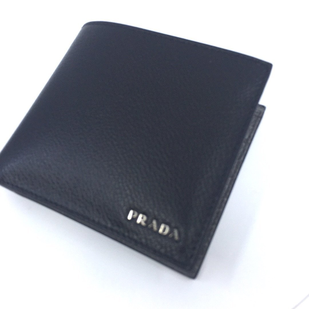 Prada Mens Wallet Black Gray Vitello Micro Grain Leather Bifold available at Queen Bee of Beverly Hills