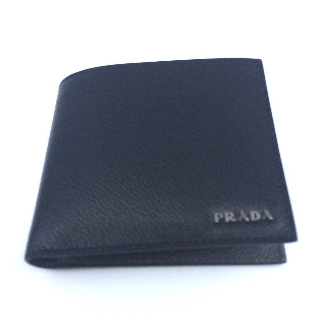 Prada Mens Wallet Black Gray Vitello Micro Grain Leather Bifold available at Queen Bee of Beverly Hills