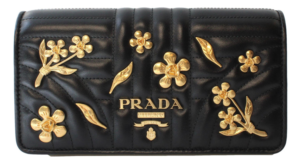 Prada Mini Wallet on Chain Black Leather Gold Flowers Crossbody 1DH044 at_Queen_Bee_of_Beverly_Hills