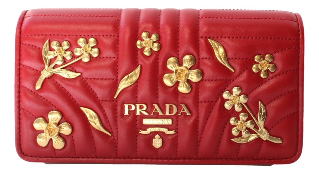 Prada Mini Wallet on Chain Red Leather Gold Flowers Crossbody 1DH044 at_Queen_Bee_of_Beverly_Hills