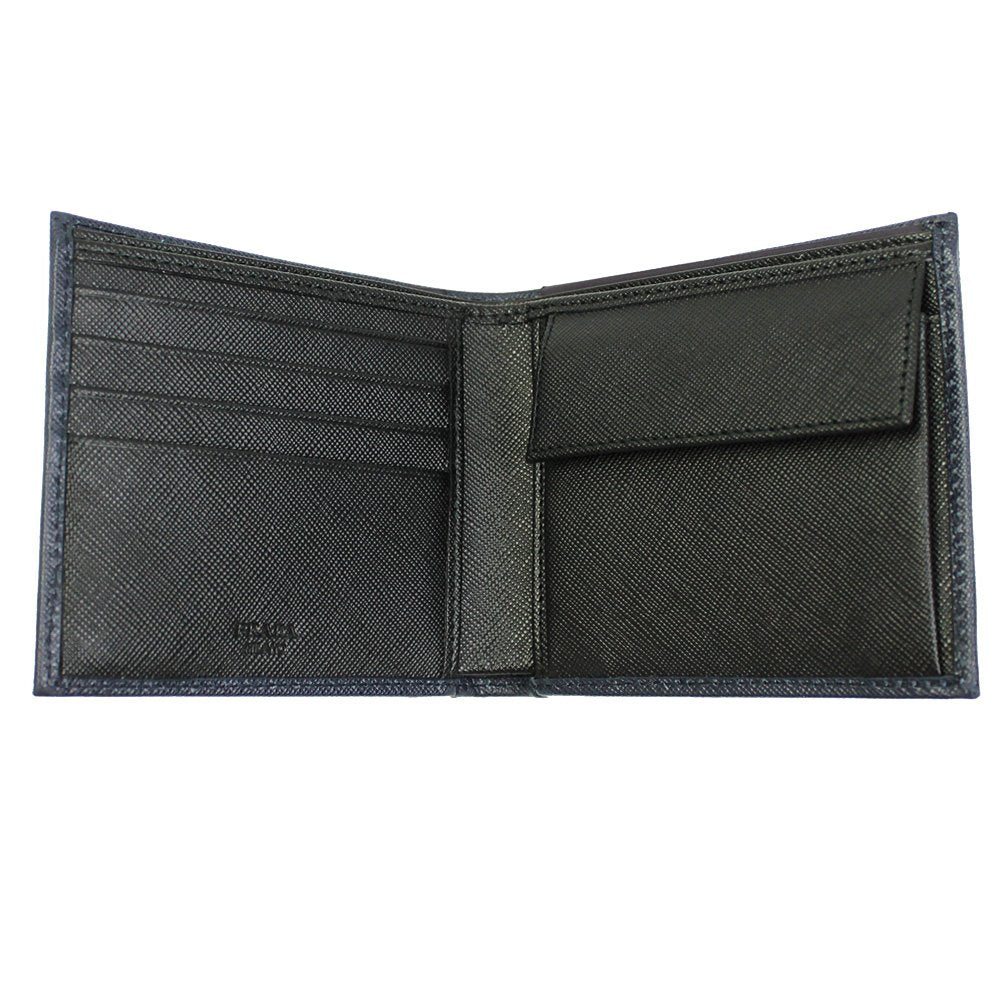Prada Navy Black Bicolor Saffiano Leather Logo Bifold Wallet