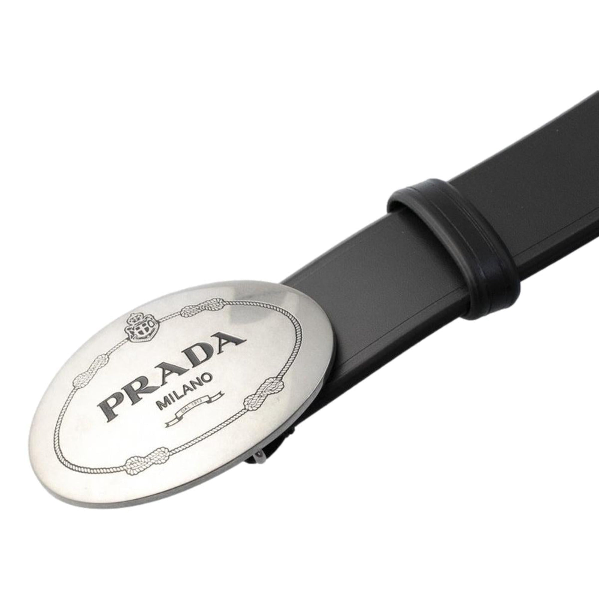 Prada Navy Blue Saffiano Leather Belt Brushed Silver Buckle 95/38 2CM046 at_Queen_Bee_of_Beverly_Hills