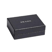 Prada Nero Black Rectangle Enamel Silver Metal Keyring Keychain Charm available at Queen Bee of Beverly Hills