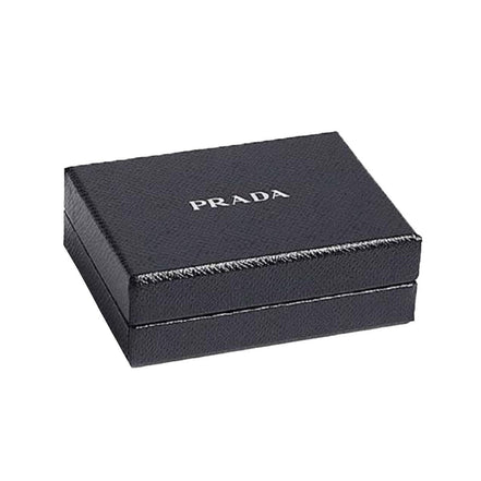 Prada Nero Black Rectangle Enamel Silver Metal Keyring Keychain Charm available at Queen Bee of Beverly Hills