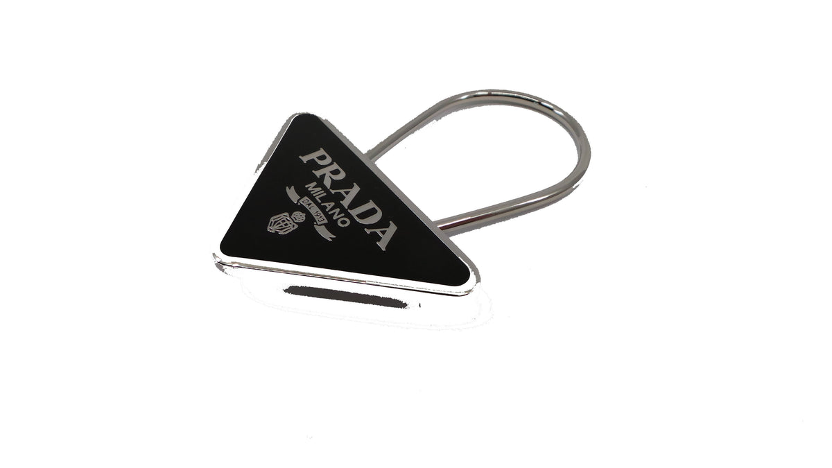 Prada Portachiavi Smalto Black Enameled Metal Triangle Logo Keychain Ring 2PS395 at_Queen_Bee_of_Beverly_Hills