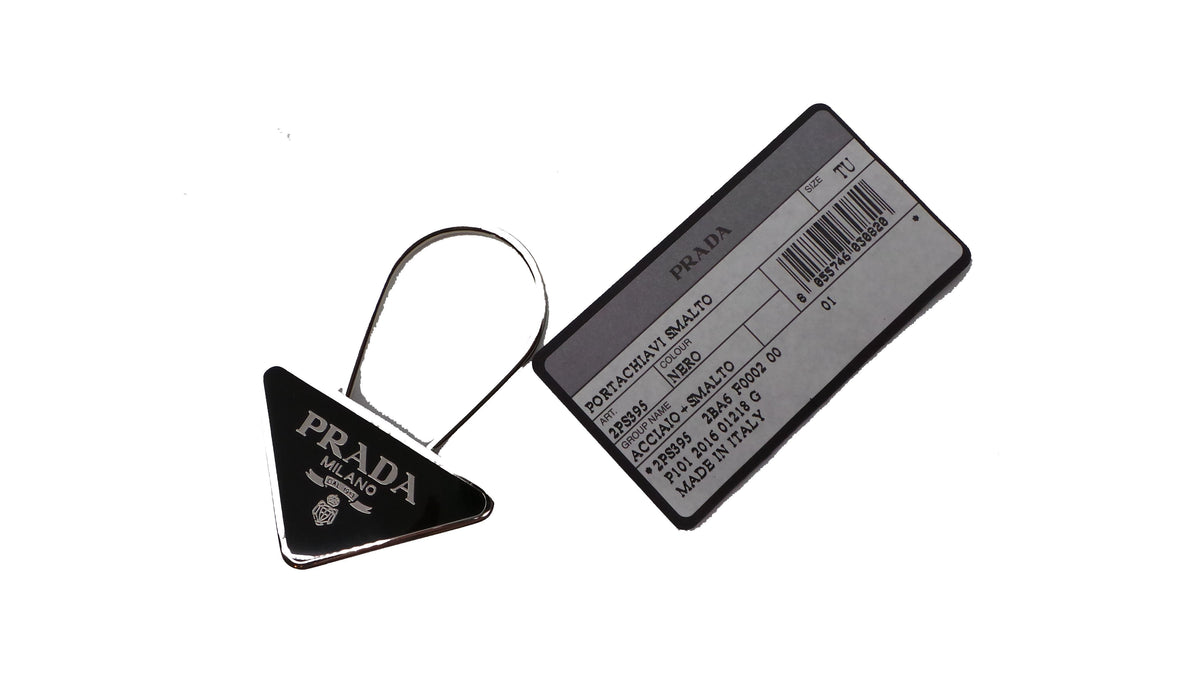 Prada Portachiavi Smalto Black Enameled Metal Triangle Logo Keychain Ring 2PS395 at_Queen_Bee_of_Beverly_Hills