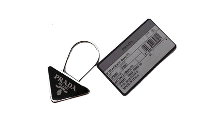 Prada Portachiavi Smalto Black Enameled Metal Triangle Logo Keychain Ring 2PS395 at_Queen_Bee_of_Beverly_Hills