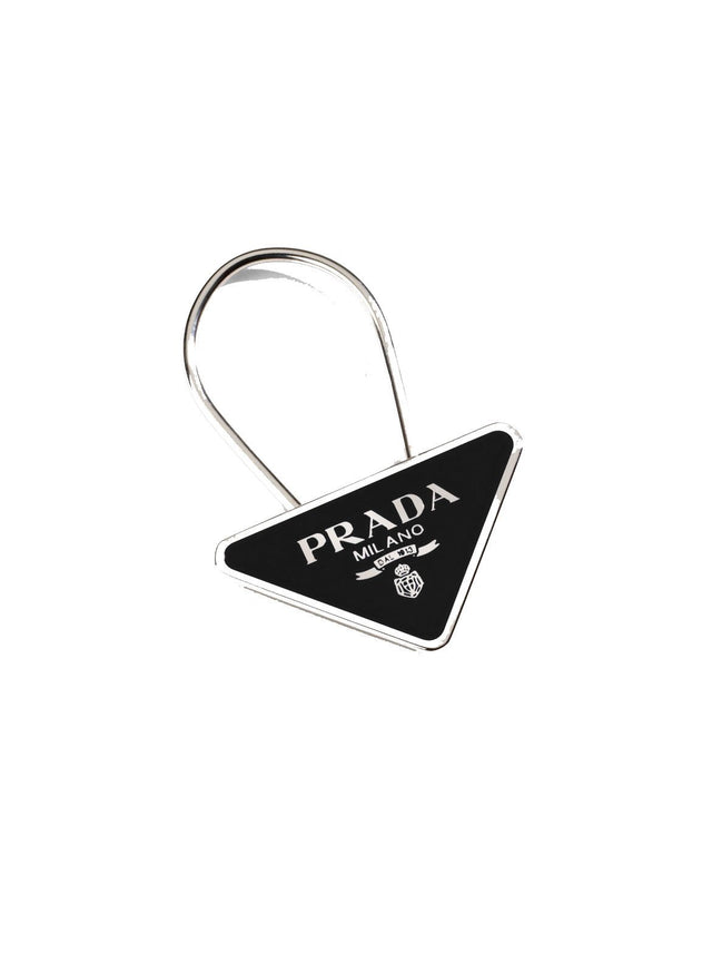 Prada Portachiavi Smalto Black Enameled Metal Triangle Logo Keychain Ring 2PS395 at_Queen_Bee_of_Beverly_Hills