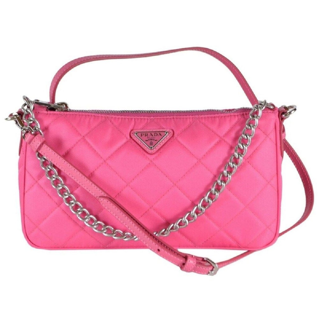 Prada Quilted Tessuto Nylon Fuxia Pink Crossbody Triangle Logo 1BH026 at_Queen_Bee_of_Beverly_Hills