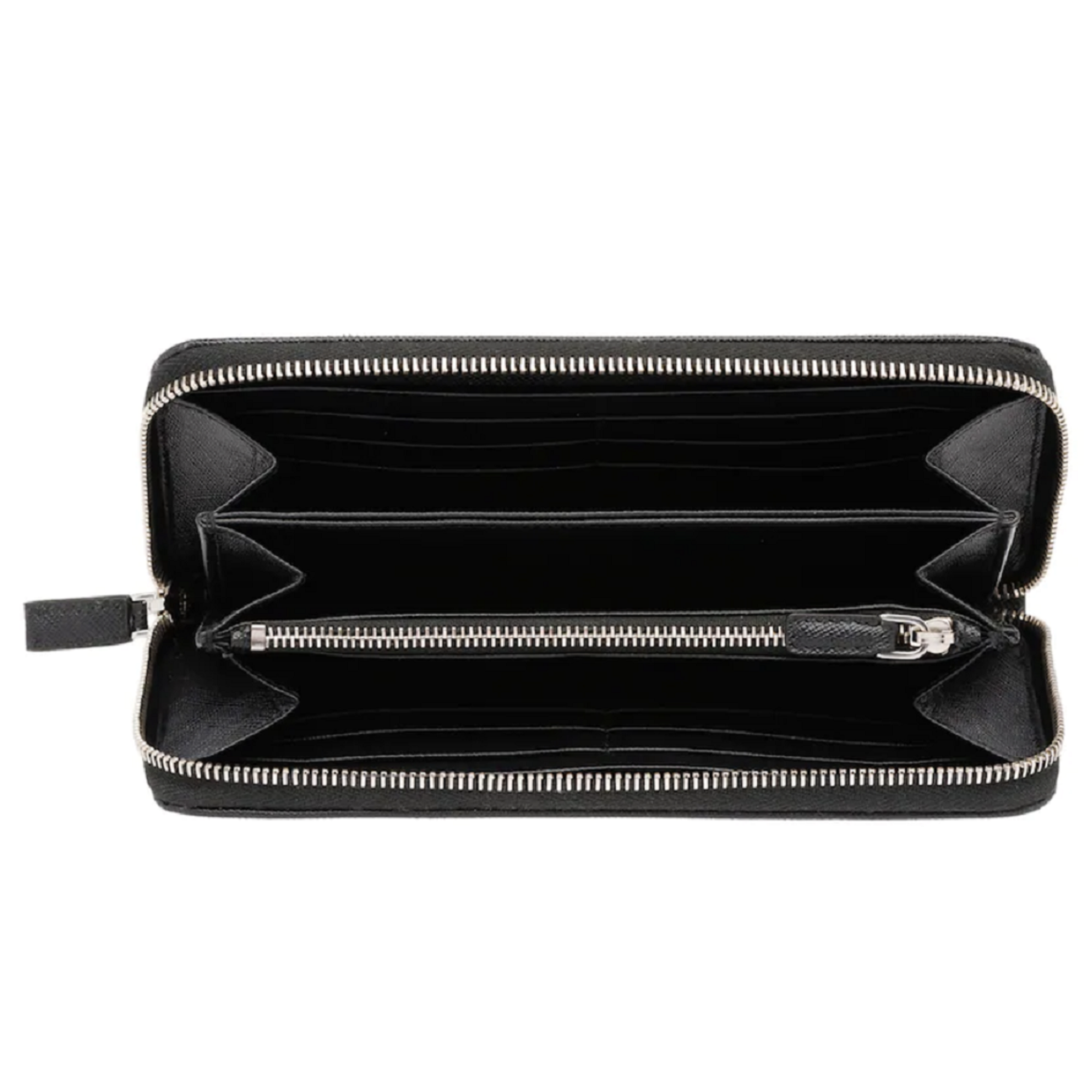 Prada Saffiano Active Black Leather Stripe Zip Around Wallet 2ML317 at_Queen_Bee_of_Beverly_Hills