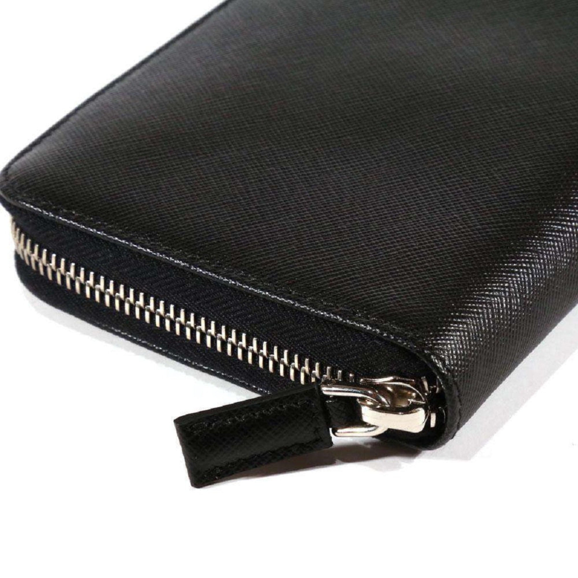 Prada Saffiano Active Black Leather Stripe Zip Around Wallet available at Queen Bee of Beverly Hills