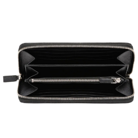 Prada Saffiano Active Black Leather Stripe Zip Around Wallet available at Queen Bee of Beverly Hills