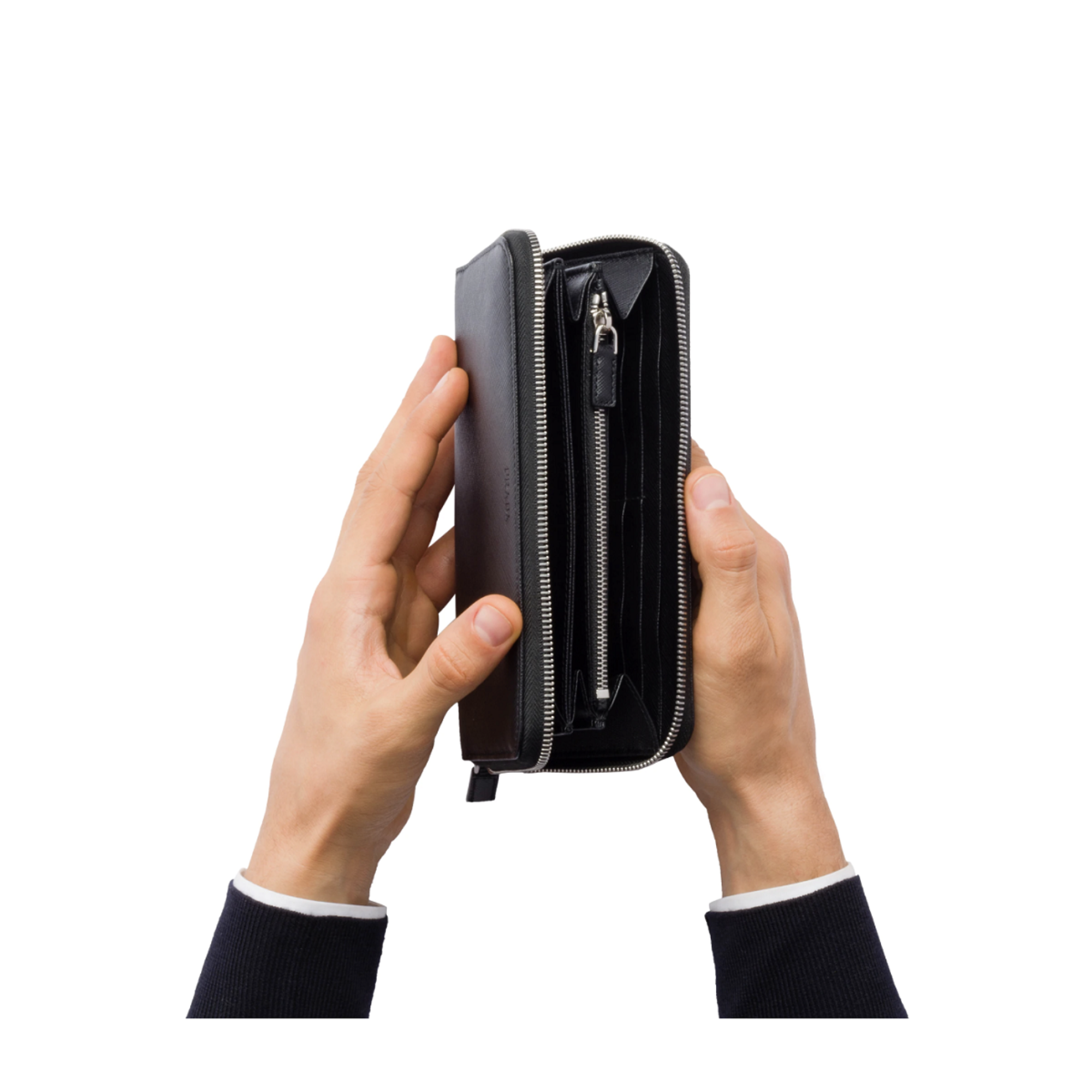 Prada Saffiano Active Black Leather Stripe Zip Around Wallet available at Queen Bee of Beverly Hills