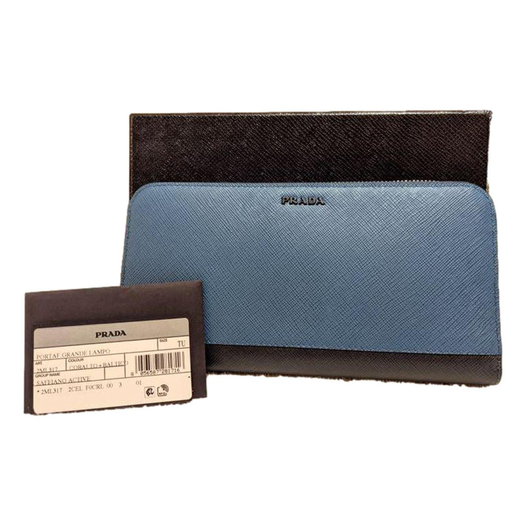 Prada Saffiano Active Coblato Blue Leather Baltico Stripe Zip Around Wallet 2ML317 at_Queen_Bee_of_Beverly_Hills
