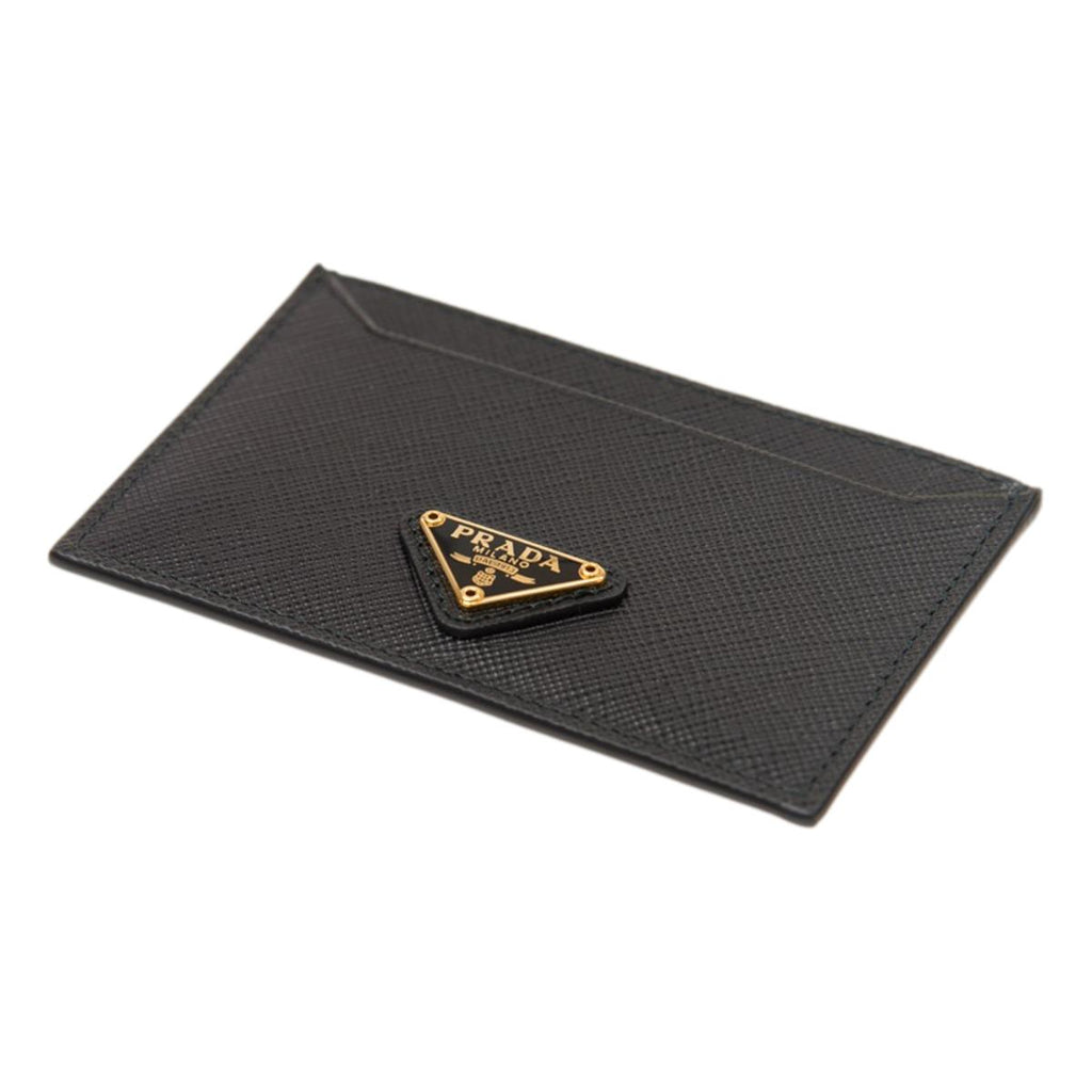 Prada Saffiano Leather Black Gold Traingle Logo Card Holder 1MC208 at_Queen_Bee_of_Beverly_Hills