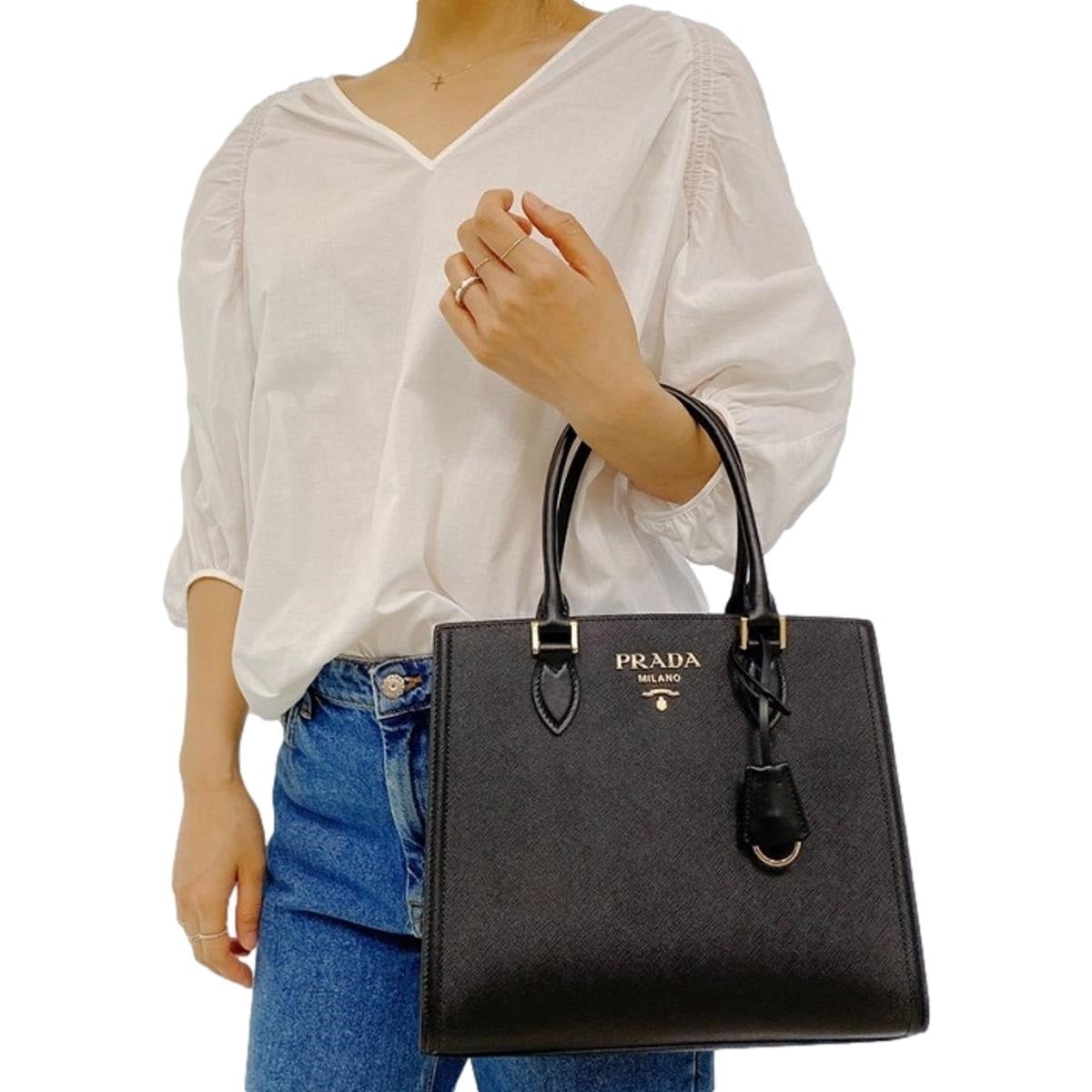 Prada Saffiano Lux Black Medium Satchel Handbag 1BA227 at_Queen_Bee_of_Beverly_Hills