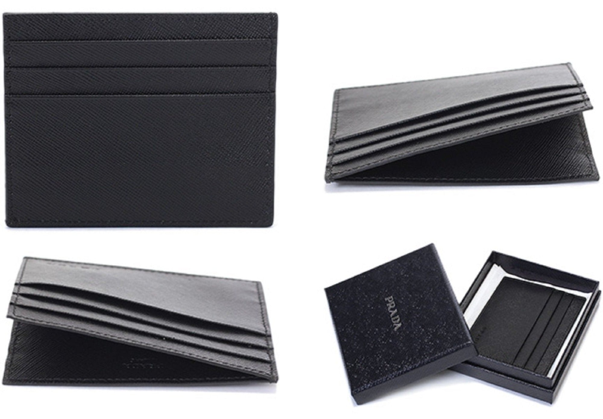 Prada Saffiano Nero Black - Gray Card Holder Silver Logo available at Queen Bee of Beverly Hills