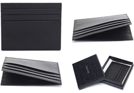 Prada Saffiano Nero Black - Gray Card Holder Silver Logo available at Queen Bee of Beverly Hills