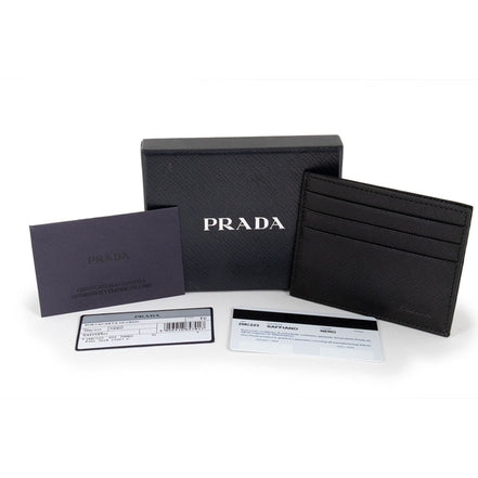 Prada Saffiano Nero Black - Gray Card Holder Silver Logo available at Queen Bee of Beverly Hills