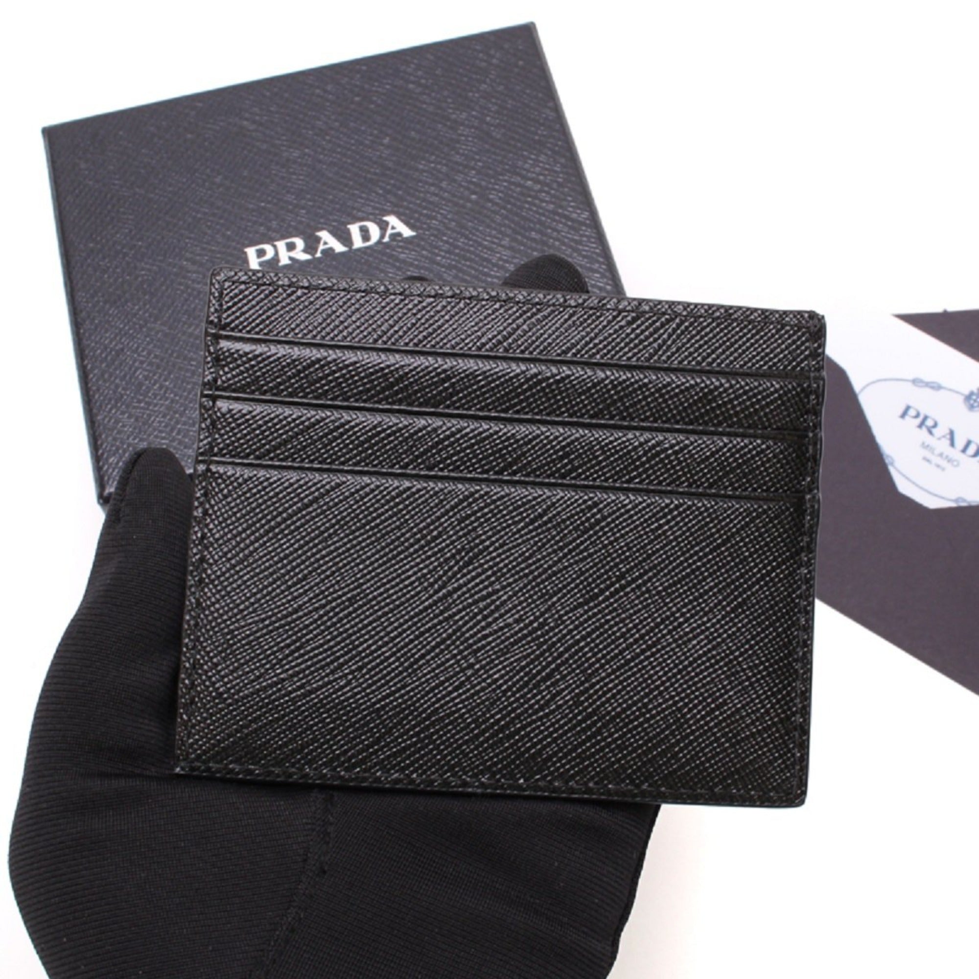 Prada Saffiano Nero Black - Gray Card Holder Silver Logo available at Queen Bee of Beverly Hills