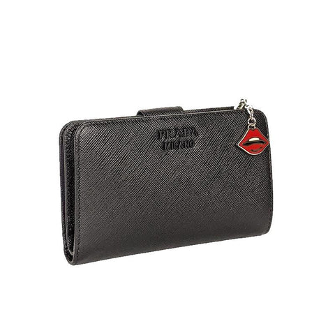 Prada Saffiano Smalto Leather Mare Nero Black Compact Wallet 1ML225 at_Queen_Bee_of_Beverly_Hills