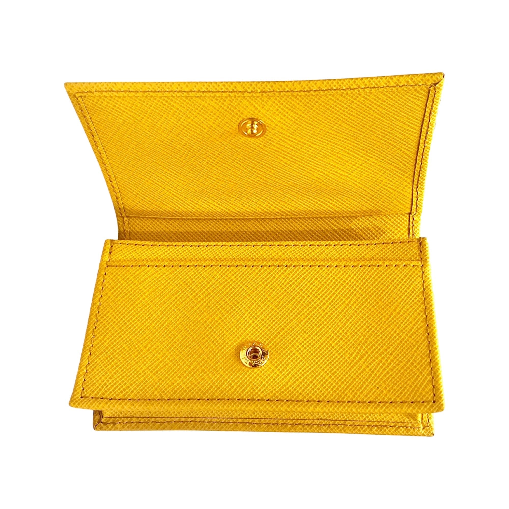 Prada Saffiano Yellow Leather Card Case Wallet available at Queen Bee of Beverly Hills