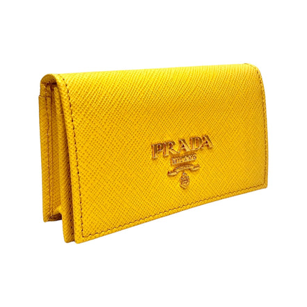 Prada Saffiano Yellow Leather Card Case Wallet available at Queen Bee of Beverly Hills