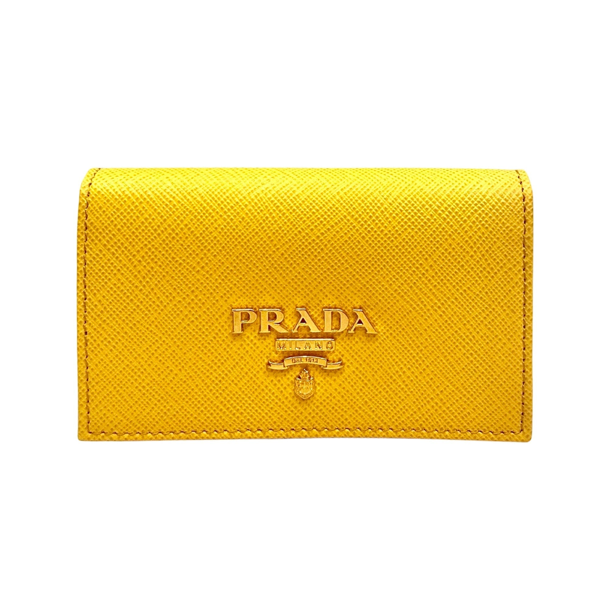 Prada Saffiano Yellow Leather Card Case Wallet available at Queen Bee of Beverly Hills