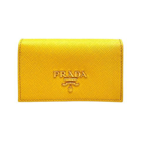 Prada Saffiano Yellow Leather Card Case Wallet available at Queen Bee of Beverly Hills