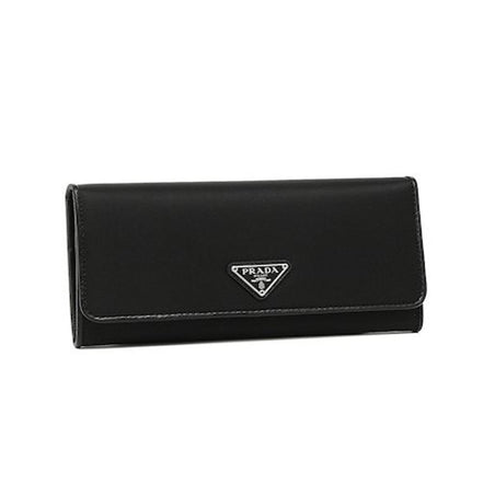 Prada Tessuto Nero Black Continental Flap Black Wallet Silver Triangle Logo available at Queen Bee of Beverly Hills