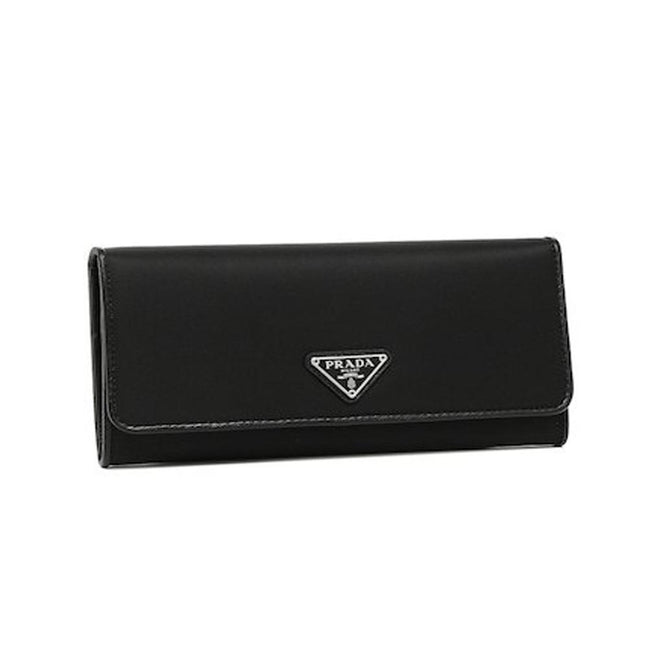 Prada Tessuto Nero Black Continental Flap Black Wallet Silver Triangle Logo available at Queen Bee of Beverly Hills