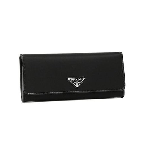 Prada Tessuto Nero Black Continental Flap Black Wallet Silver Triangle Logo available at Queen Bee of Beverly Hills