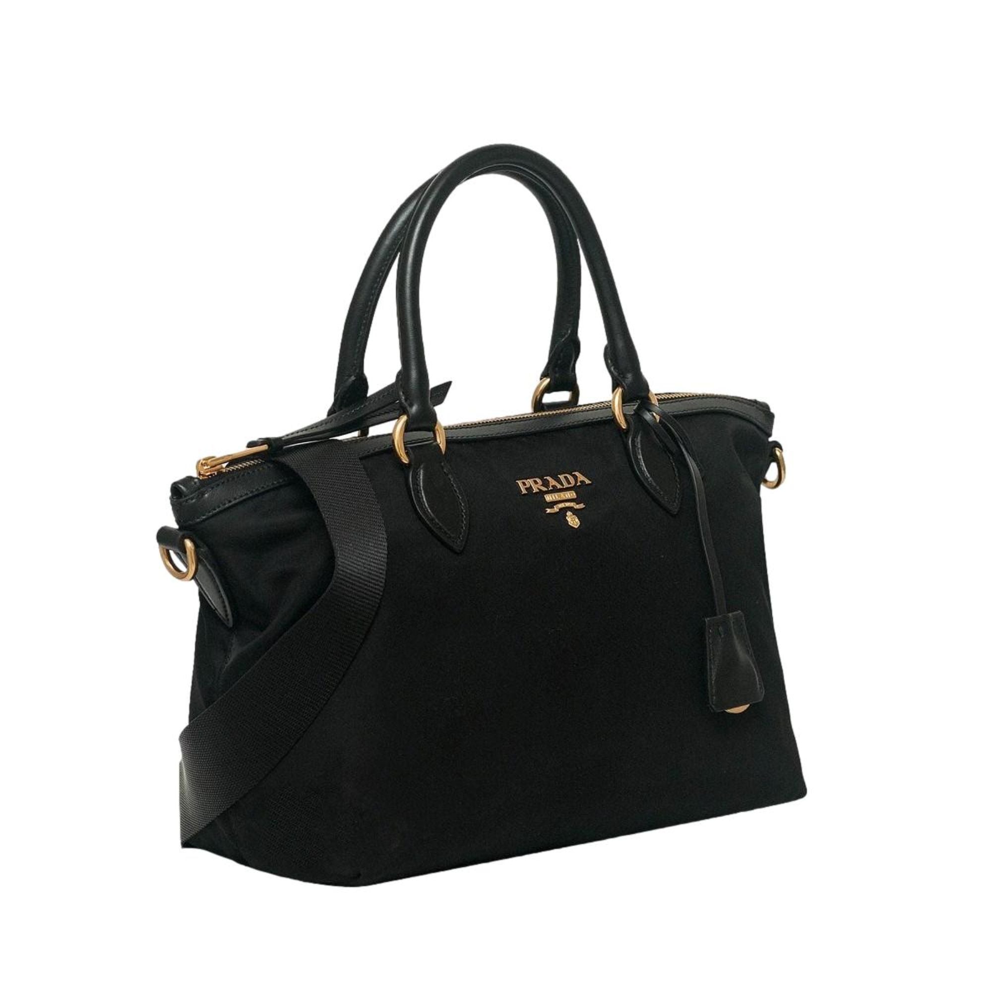 Prada Tessuto Nylon Black Leather Clochette Crossbody Tote Bag available at Queen Bee of Beverly Hills