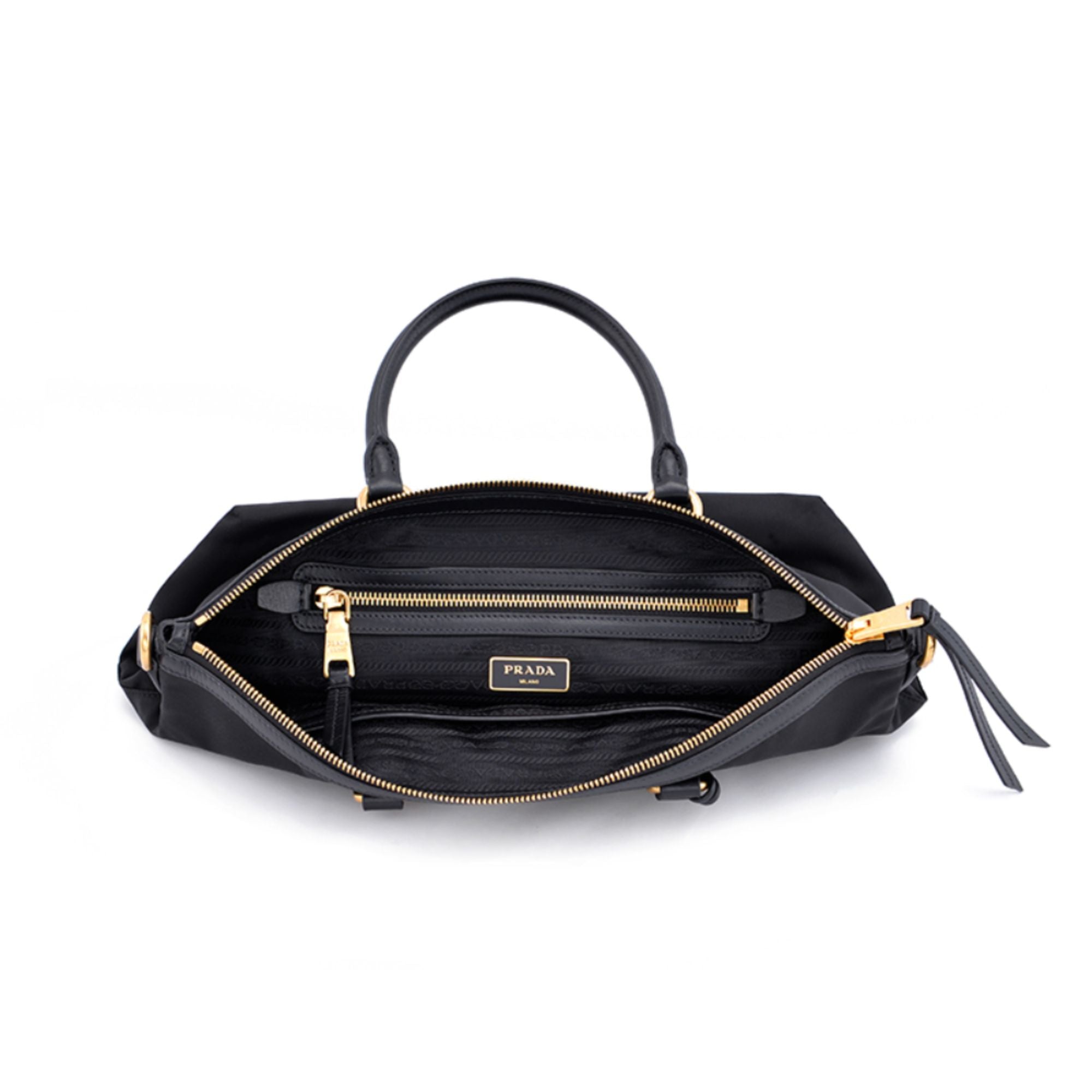 Prada Tessuto Nylon Black Leather Clochette Crossbody Tote Bag available at Queen Bee of Beverly Hills