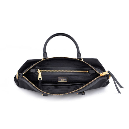 Prada Tessuto Nylon Black Leather Clochette Crossbody Tote Bag available at Queen Bee of Beverly Hills