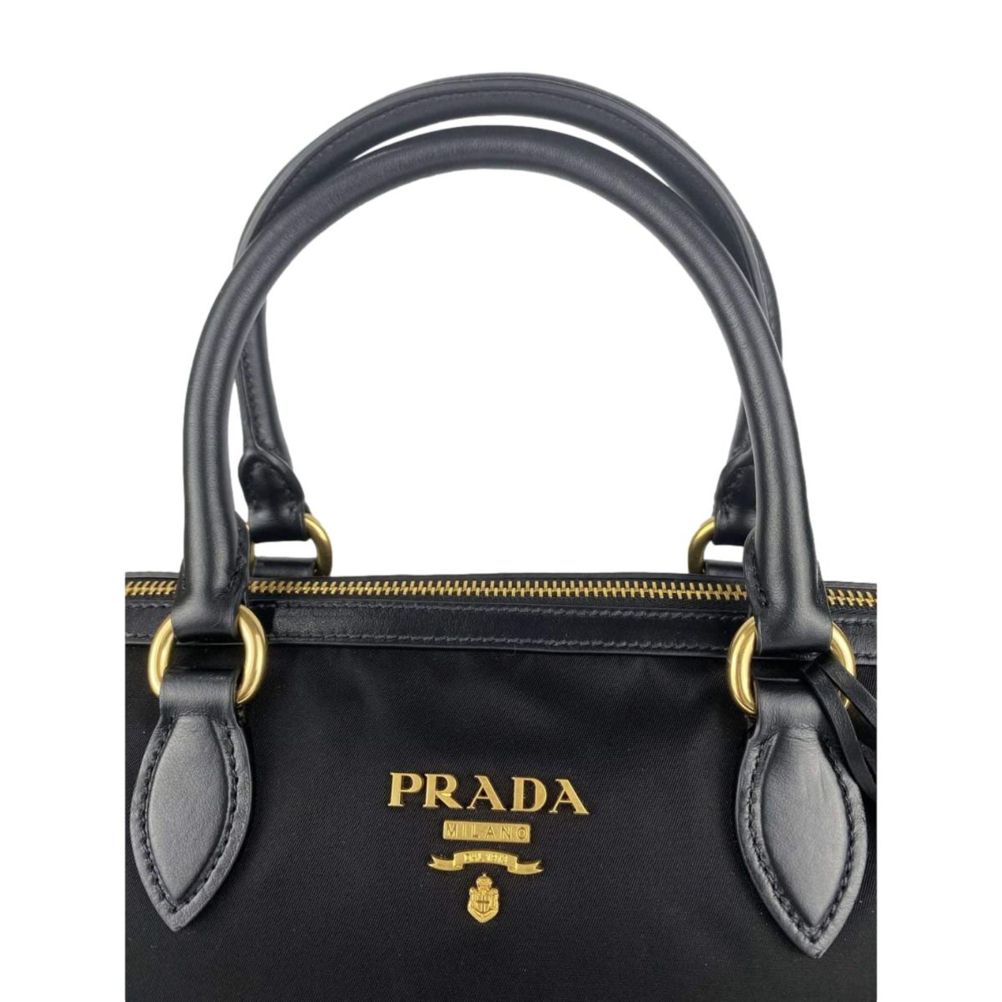 Prada Tessuto Nylon Black Leather Clochette Crossbody Tote Bag available at Queen Bee of Beverly Hills