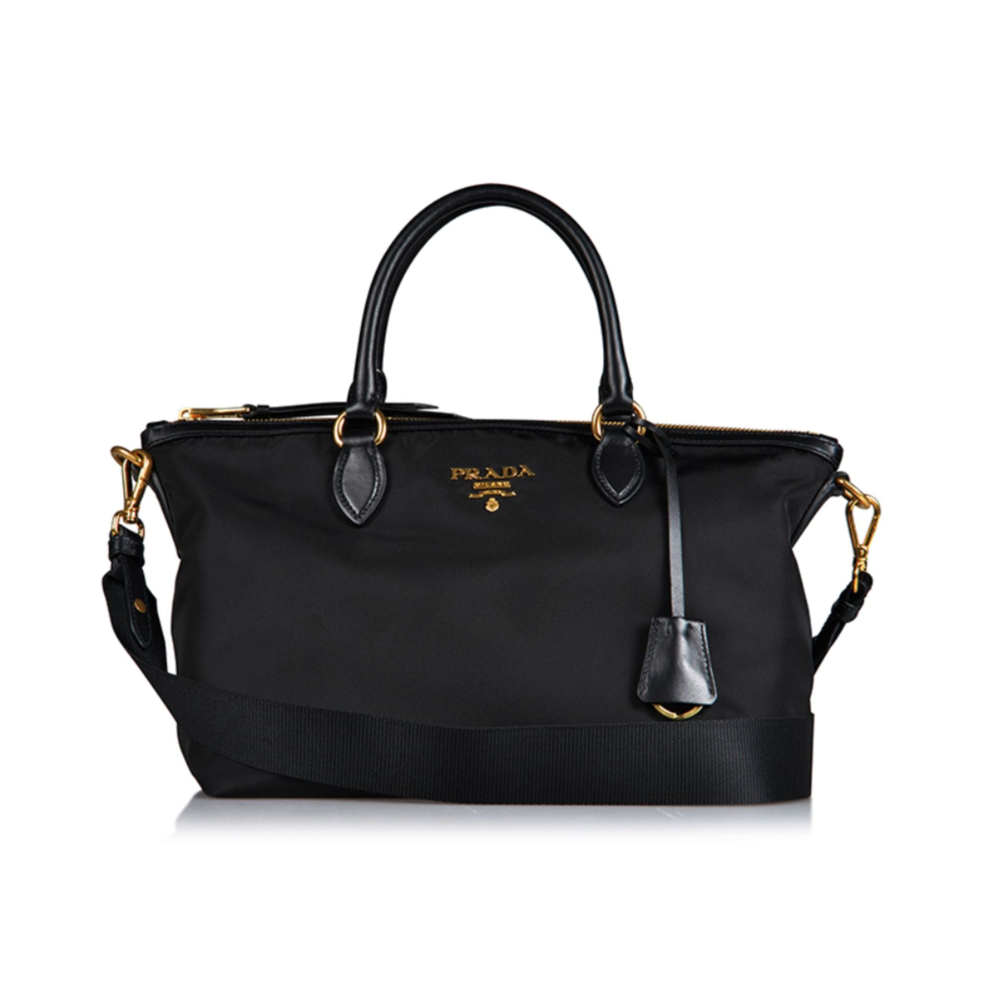 Prada Tessuto Nylon Black Leather Clochette Crossbody Tote Bag available at Queen Bee of Beverly Hills