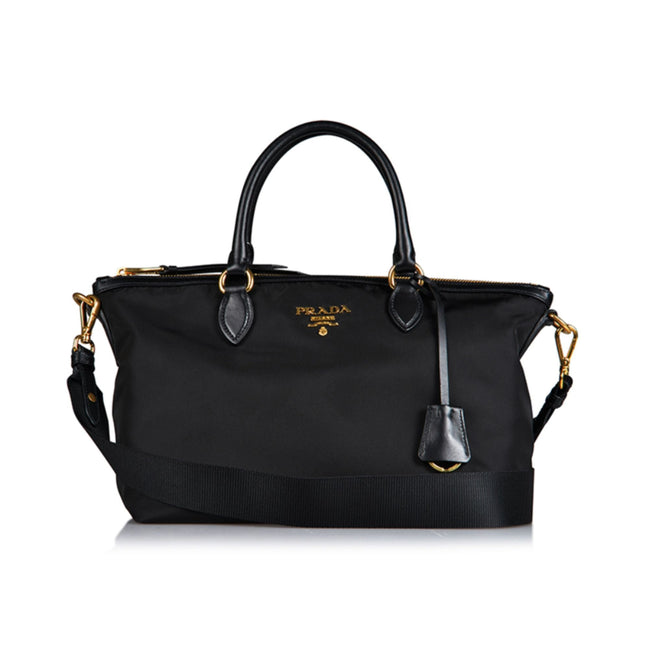 Prada Tessuto Nylon Black Leather Clochette Crossbody Tote Bag available at Queen Bee of Beverly Hills