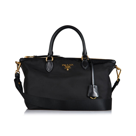 Prada Tessuto Nylon Black Leather Clochette Crossbody Tote Bag available at Queen Bee of Beverly Hills