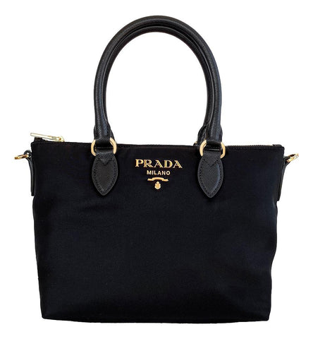 Prada Tessuto Nylon Black Saffiano Leather Trim Small Satchel 1BA275 at_Queen_Bee_of_Beverly_Hills