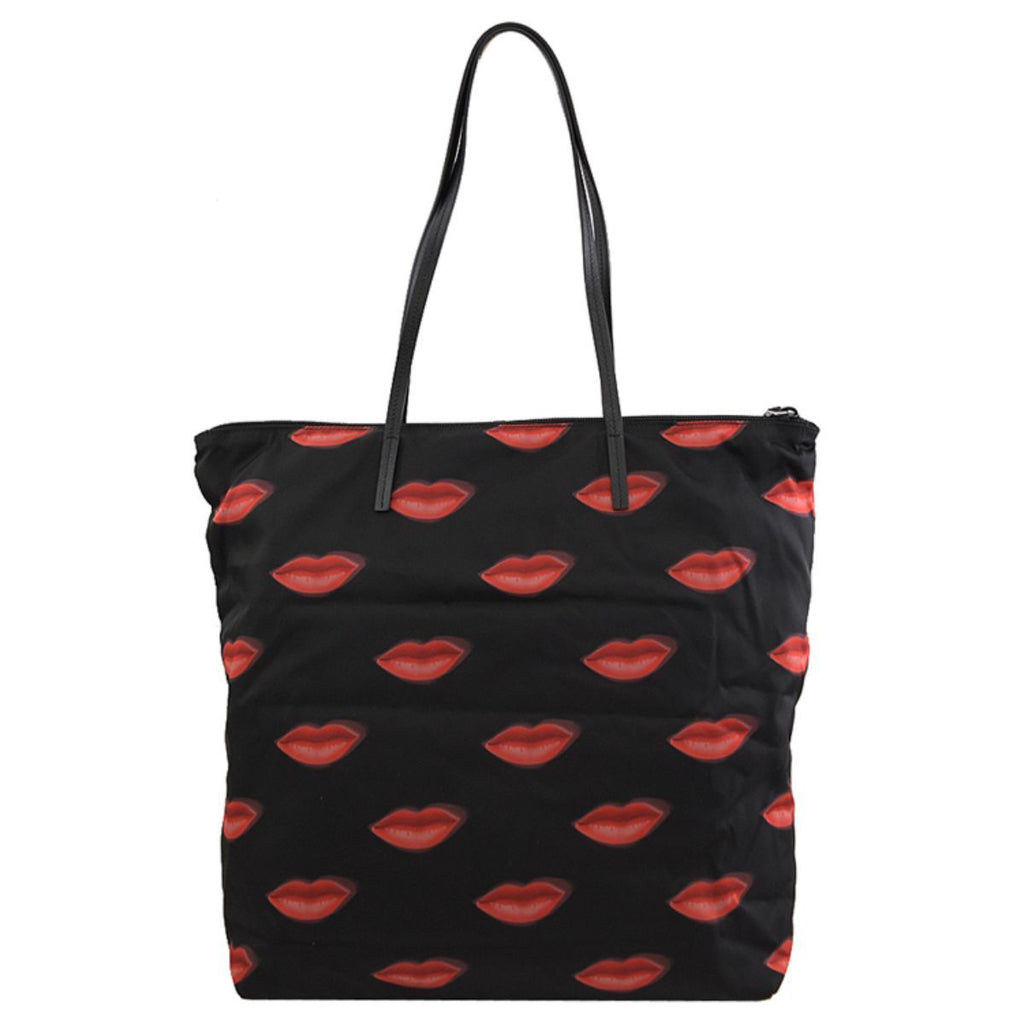 Prada Tessuto Nylon Red Lips Black Shopping Tote 1BY300 at_Queen_Bee_of_Beverly_Hills
