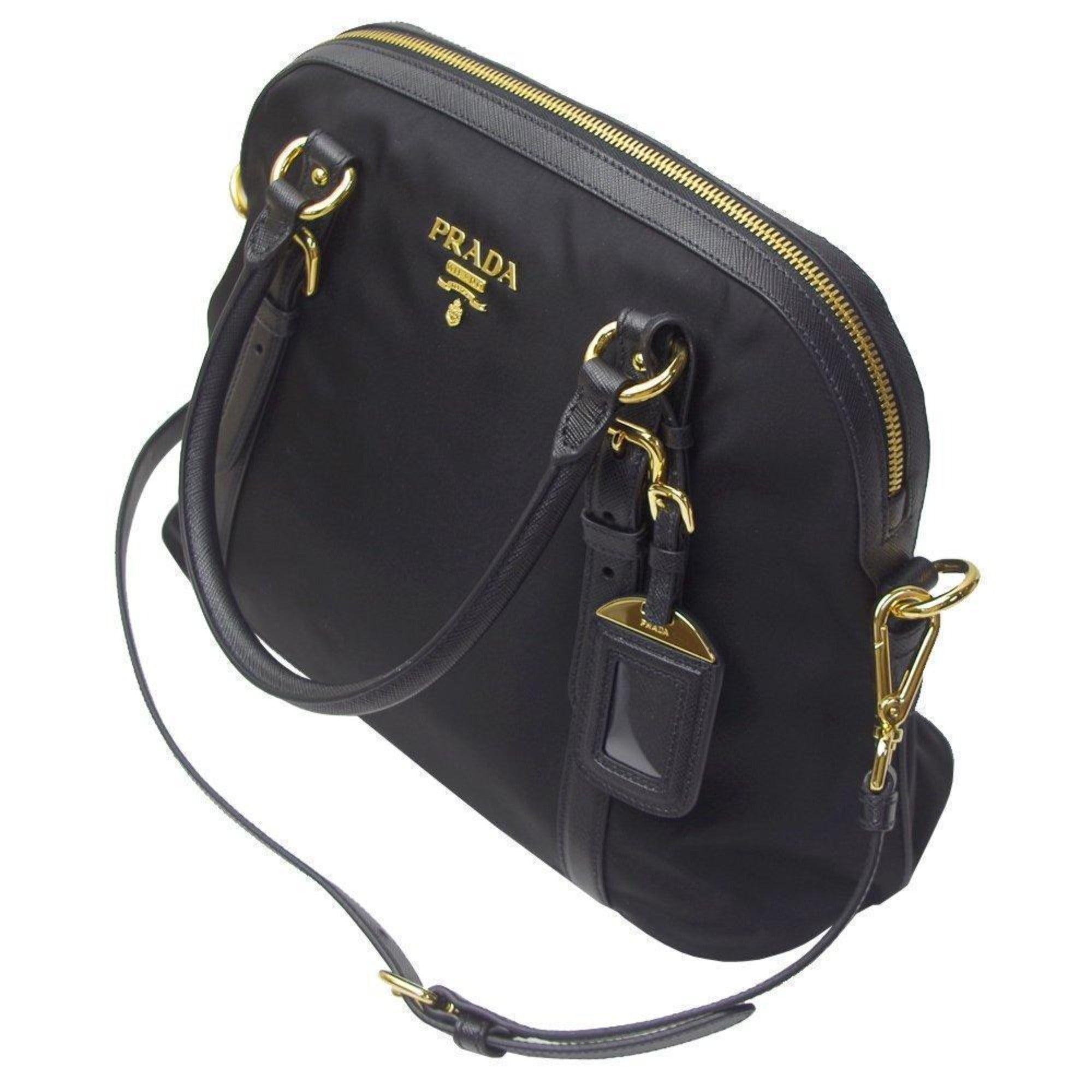 Prada Tessuto Nylon Saffiano Leather Black Satchel Bag available at Queen Bee of Beverly Hills